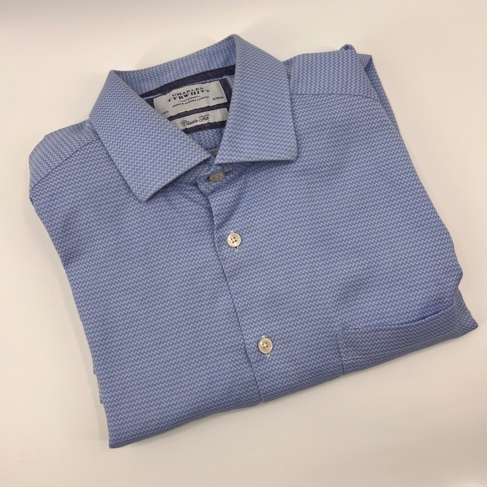 Charles Tyrwhitt Mens Blue Geometric Pattern Classic Fit Dress Shirt 17 35in